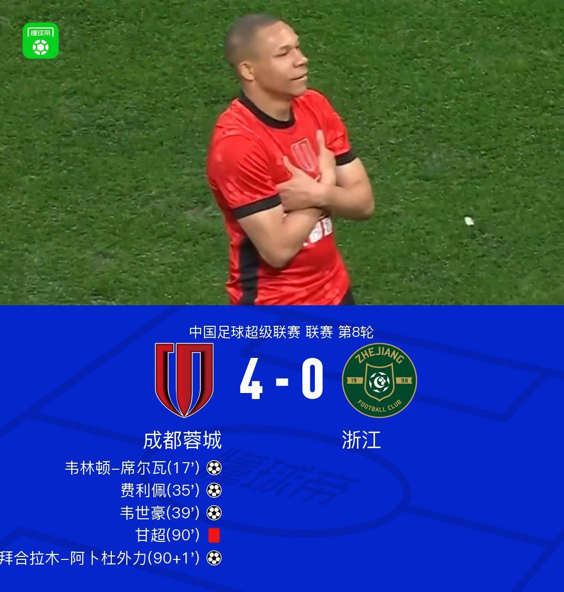 开云-成都4-0浙江，席尔瓦传射，韦世豪、费利佩、拜合拉木破门